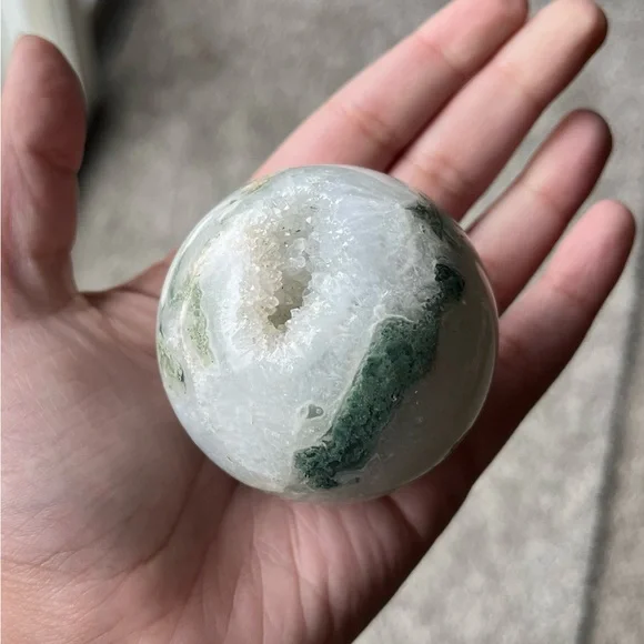 Moss Agate Sphere w/ Heart-Shaped Druzy Pocket - Picture 12 of 17